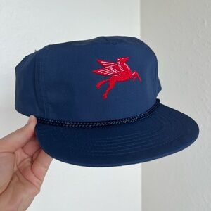 Vintage Mobil Oil Mobil Pegasus Embroidered Snapback Trucker Hat Corded Blue